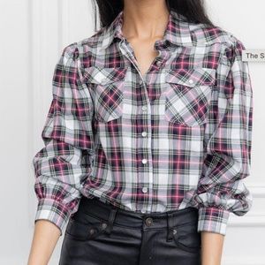 The Shirt By Rochelle Behrens The Balloon Sleeve Shirt - White Plaid